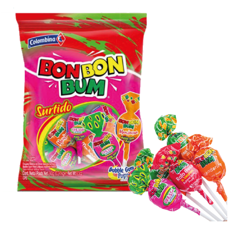 Bon Bon Bum Lollipop with Gum Mixed Flavours Pack of 24 (456gr)