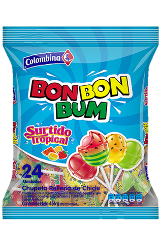 Bon Bon Bum Lollipop with Gum Tropical Flavours Pack 24 Units (456gr)